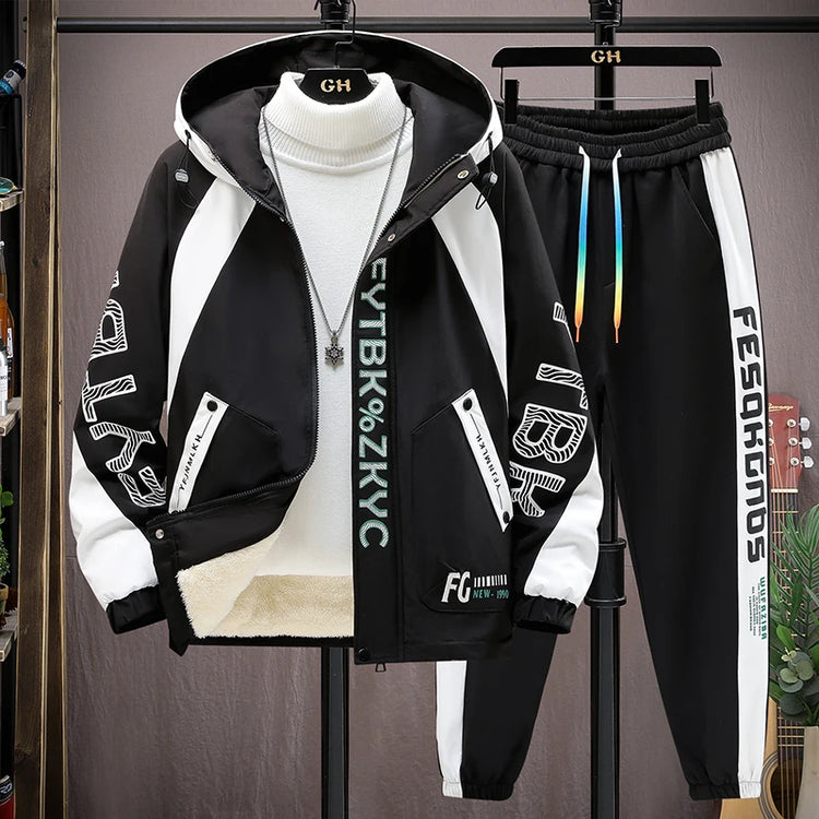Winter Warm Hooded patchwork Jacket+Pant 2-piece Set Men Set Sports Suit Fleece Thickened Sportswear Casual Men Tracksuit