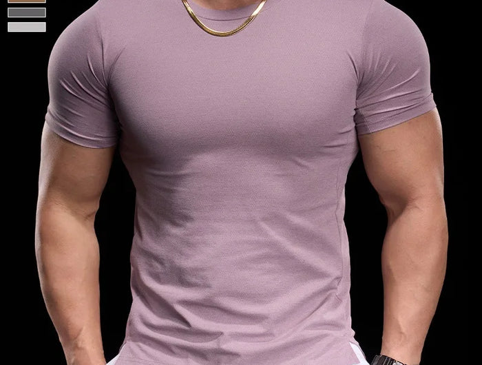 Men's gym fitness workout clothing slim fit short sleeve breathable high elasticity sports T-shirt, running sports