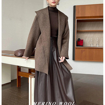 Brushed 100% Wool Coat Women Hooded Belted Wrap Coat Long-Pile Double-Faced Texture Unlined Relaxed Fit Short Coats Fall Winter