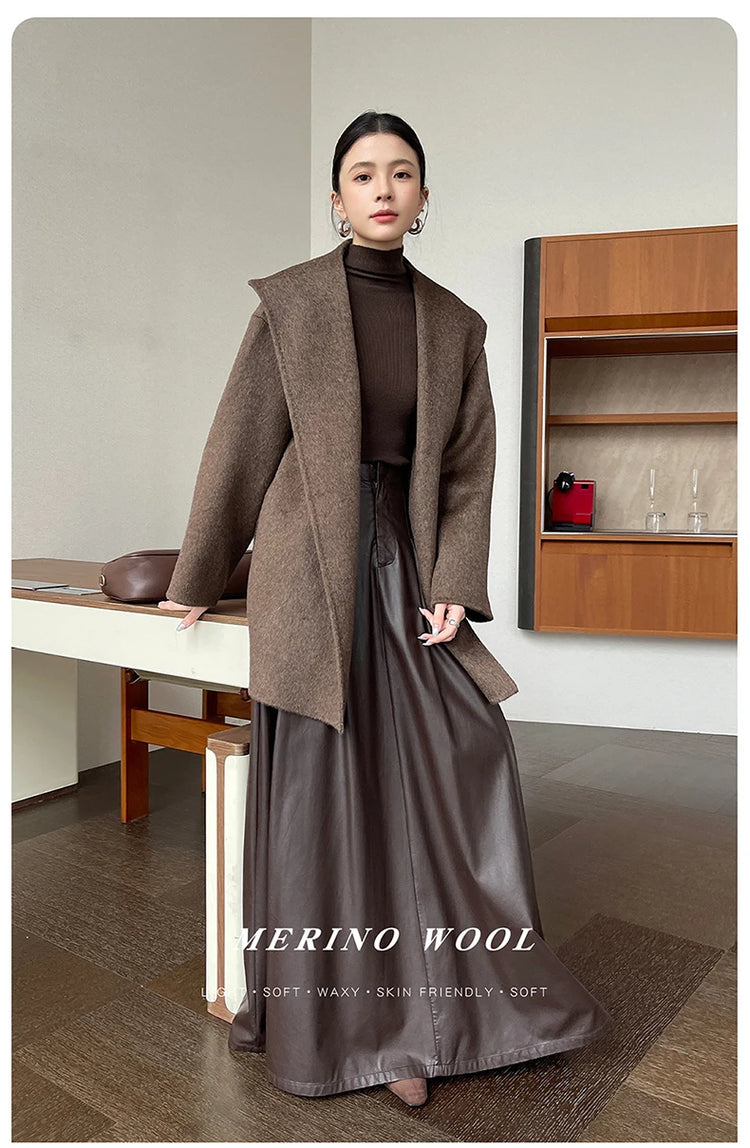 Brushed 100% Wool Coat Women Hooded Belted Wrap Coat Long-Pile Double-Faced Texture Unlined Relaxed Fit Short Coats Fall Winter