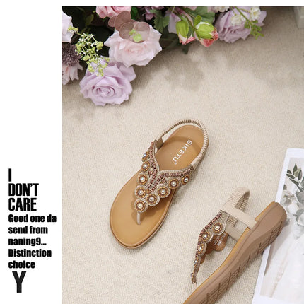 New 2026 Women's Summer Bohemian Style Sandals, Flip-Flop Design with Beaded and Rhinestone Buckle, Elastic Heel Strap, Comfortable Everyday Shoes