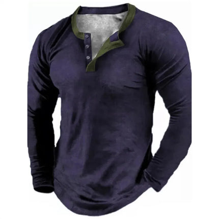 Spring Autumn Solid Color Henley Shirts 3D Printed Men's Fashion Vintage Button-Down Long Sleeve T Shirts Men's Tees Top Apparel