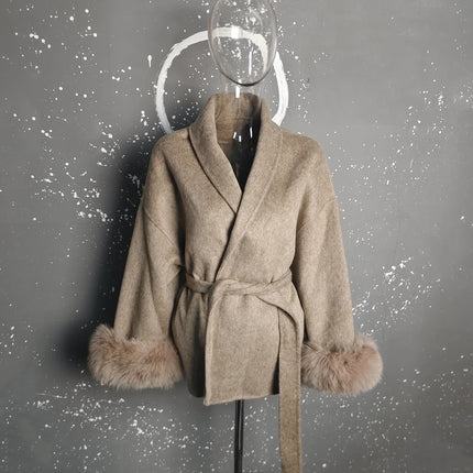 UCXQ Elegant Woolen Coat Temperament Office Lady Overcoats Fur Patchwork Long Sleeve Beautiful Women's Coats 2025 Winter New