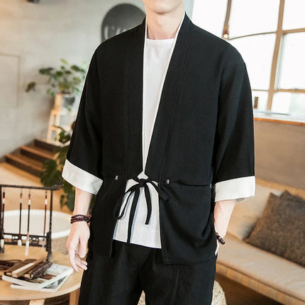 Nuova Camicia Uomo Kimono Giapponese in Cotone e Lino, T-shirt Comoda e Traspirante, Costume da Samurai Tradizionale, Camicia Casual Haori per Uomo