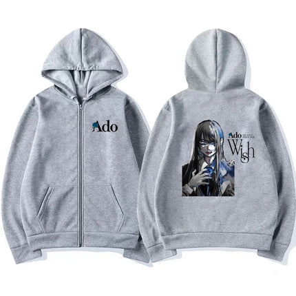 2025 Ado Graphic Printed Zipper Hoodies Autumn Winter Men Women Casual Fashion Harajuku Y2K Fleece Long Sleeve Zip-Up Hoodies