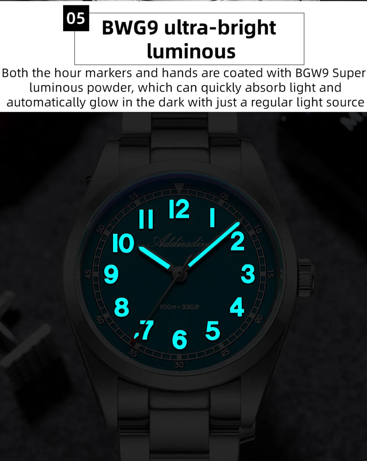 ADDIESDIVE Luxury Men's Watch 100m Water Resistance Sapphire Glass BGW9 Super Luminous Quartz Movement Stainless Steel Bracelet
