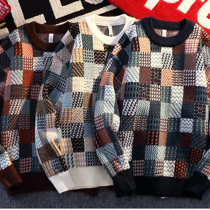 New Fashion Men Plaid Pullover Winter Sweaters Outwear Loose Casual Knitted Sweaters Male O-neck Pullovers Sweatercoats Size 4XL