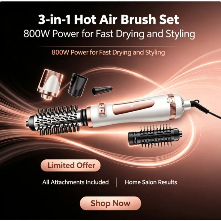 3-in-1 800W Rotating Hot Air Brush Hair Dryer Volumizer Adjustable Temperature Auto Rotation Styling Brush