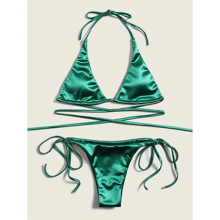 Sexy 13 colori Halter Satin Bikini brasiliano Donna Costumi da bagno Costume da bagno femminile Bikini a due pezzi Bagnante Costume da bagno Swim V4966 platinumshop