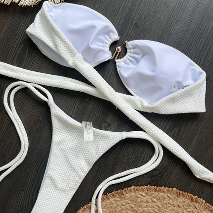 Nuovo Costume da Bagno Bikini Donna a Due Pezzi con Fascia Arricciata, Anello in Metallo e Perizoma platinumshop