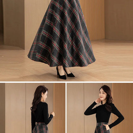 New Women Woolen Plaid Skirt Autumn Winter Fashion Elastic High Waist A-Line Wool Blended Long Skirt Simplicity Vintage Skirt PlatiNum