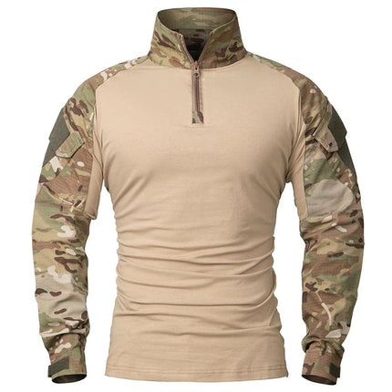 Men's Long Sleeve Combat Shirt 1/4 Zipper Ripstop Cotton Tactical Shirts Navy Blue Camoufalge Airsoft T Shirts PlatiNum