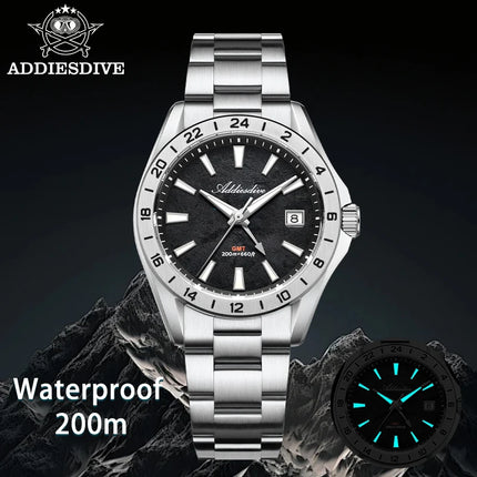 ADDIESDIVE GMT Men Quartz Watch Sapphire Crystal Swiss Ronda 515-24H Dual Time BGW9 Super Luminous 20Bar Waterproof Diver Watch
