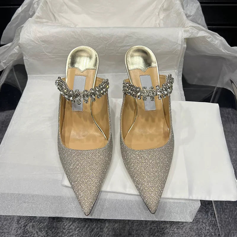 European and American Women Slippers 2025 Summer New Rhinestone High Heels Pointed Temperament Muller Shoes