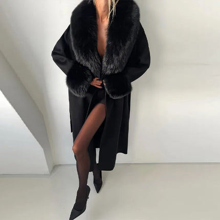 White Fur Patchwork Lace-up Overcoats Women's Street V-neck Full Sleeve Long Woolen Coat 2025 Winter New Ladies Thick Outwear