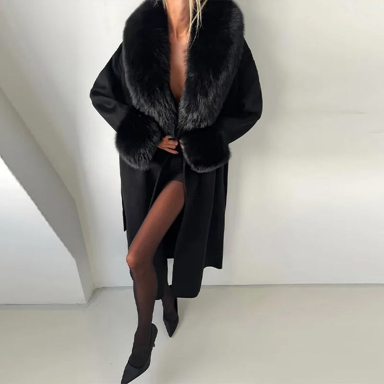 White Fur Patchwork Lace-up Overcoats Women's Street V-neck Full Sleeve Long Woolen Coat 2025 Winter New Ladies Thick Outwear