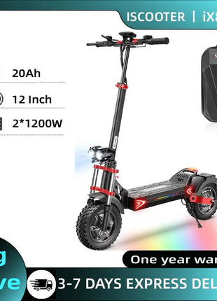 Monopattino elettrico iScooter iX8 2400W per adulti, 48V 20Ah, pneumatici fuoristrada da 12 pollici, pieghevole per il trasporto urbano, E-Scooter