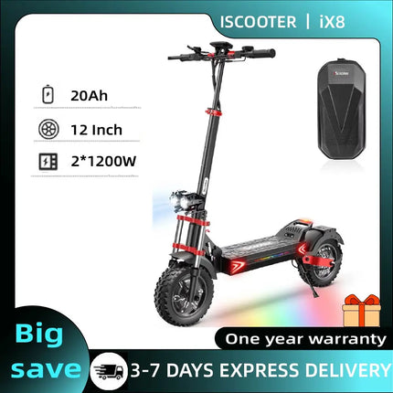 Monopattino elettrico iScooter iX8 2400W per adulti, 48V 20Ah, pneumatici fuoristrada da 12 pollici, pieghevole per il trasporto urbano, E-Scooter