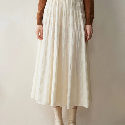 Women Cashmere Skirt A-Line Jacquard Elastic Waist Flared Skirt Autumn Winter 100% Cashmere Knitted Office Lady Curled Hem Dress PlatiNum