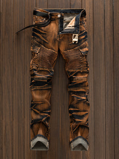 Men's casual versatile motorcycle style multi pocket tie dye straight leg slim fit jeans
