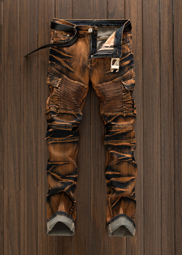 Men's casual versatile motorcycle style multi pocket tie dye straight leg slim fit jeans