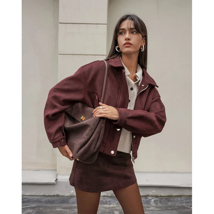 Brown Suede Leather Short Coats Women Solid Stand Collar Zipper Waist Belted Cropped Jackets 2026 Lady Autumn Y2k Casual Outwear