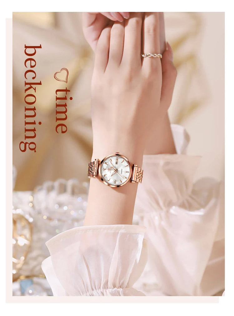 OLEVS 5536 Orologio da donna al quarzo con diamanti di marca di lusso Moda elegante orologio da donna impermeabile in oro rosa con bracciale Set Reloj Mujer platinumshop