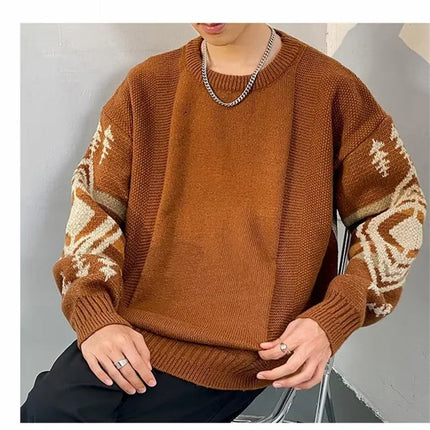 Autumn Men's Ethnic Style O-Neck Knitted Sweaters Y2K Vintage Streetwear Knitwear 2025 New Casual Pattern Printed pull homme