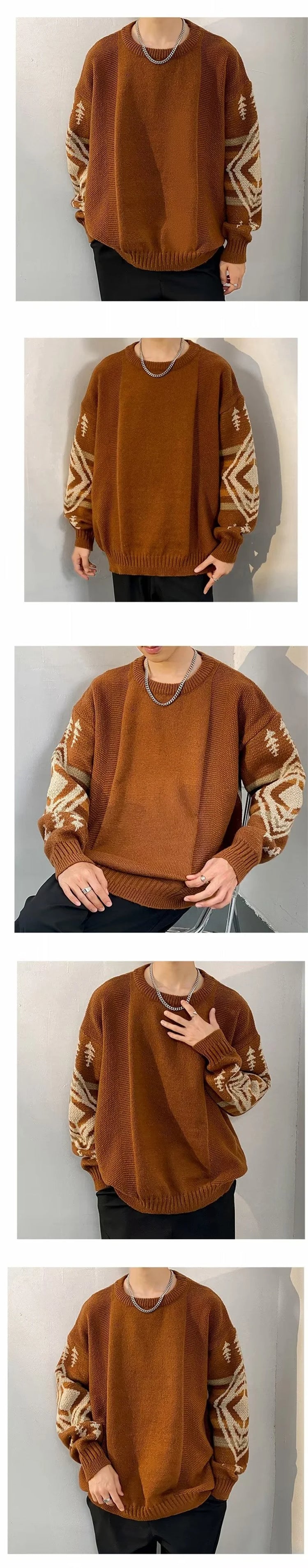 Autumn Men's Ethnic Style O-Neck Knitted Sweaters Y2K Vintage Streetwear Knitwear 2025 New Casual Pattern Printed pull homme