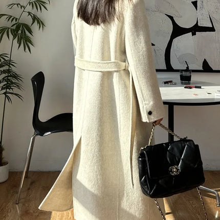 High-end White Thick Double-sided Wool Cashmere Coat Long Women Fashion Casual Loose Lapel Lace-up Woolen Jacket Autumn Winter