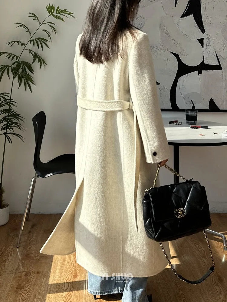 High-end White Thick Double-sided Wool Cashmere Coat Long Women Fashion Casual Loose Lapel Lace-up Woolen Jacket Autumn Winter