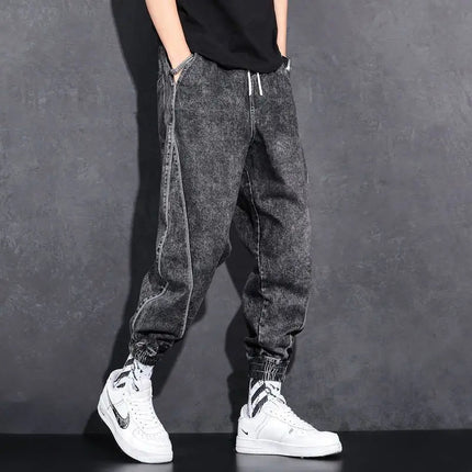Loose Elastic Waist Denim Jeans for Men 2024 Fashion Casual Spring Workwear Foot-Tied Pants with Brand Workwear Baggy Trousers PlatiNum