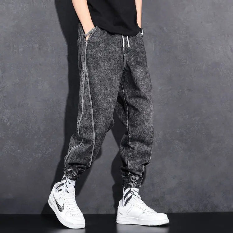 Loose Elastic Waist Denim Jeans for Men 2024 Fashion Casual Spring Workwear Foot-Tied Pants with Brand Workwear Baggy Trousers PlatiNum