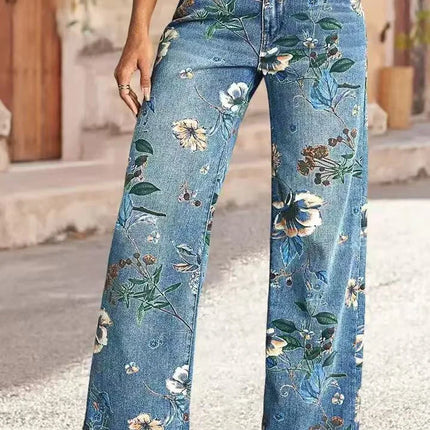 Jeans da donna con stampa Pantaloni a gamba larga Tasche a vita alta a tutta lunghezza Pantaloni dritti lavati in denim effetto consumato Casual invecchiato