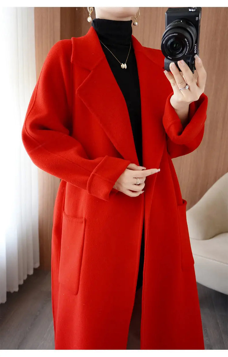 100% Wool Coat Women's Wear 2026 Autumn/Winter Fashion Temperament Double sided Cashmere Coats with Belt Elegant Long Overcoat