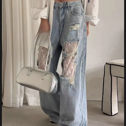 Jeans a Vita Alta e Gamba Larga per Donna, Pantaloni in Denim Estivi con Patchwork in Pizzo e Grandi Fori | Pantaloni Casual Retrò per Donna