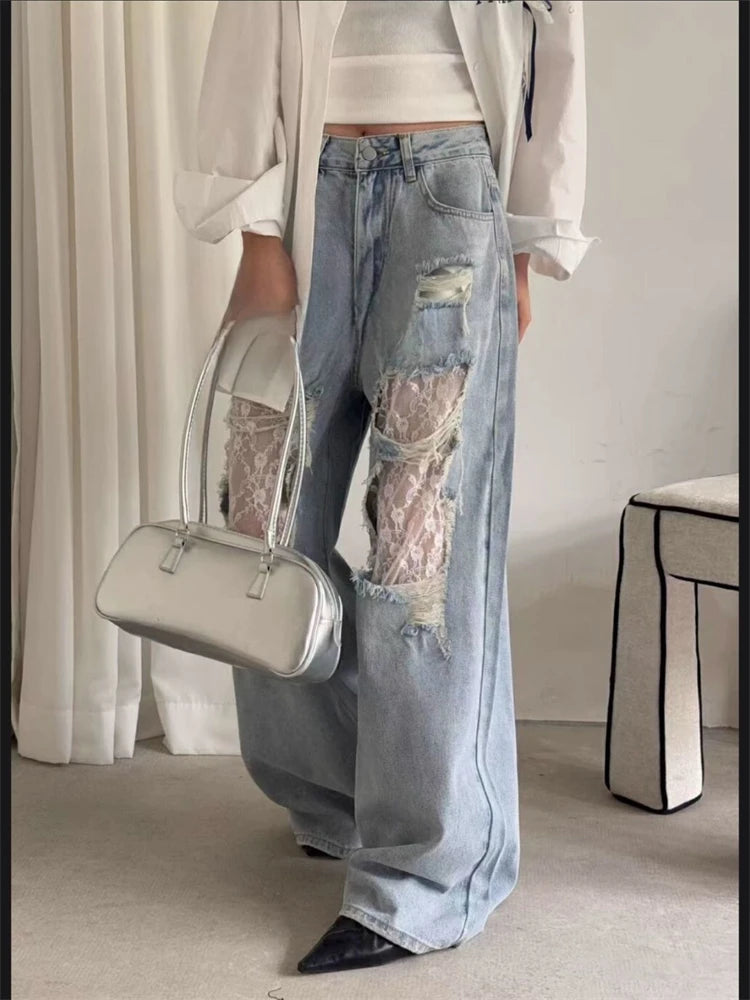 Jeans a Vita Alta e Gamba Larga per Donna, Pantaloni in Denim Estivi con Patchwork in Pizzo e Grandi Fori | Pantaloni Casual Retrò per Donna