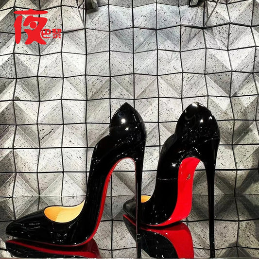 Laser Electric Red High Heels Shallow Mouth Wave Edge Pointed Shoes Sexy 12cm Sexy French Fashion Lady Single Shoes33-46