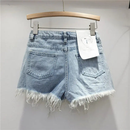 Women's Rhinestone Denim Shorts, High Waist, Stretchy, Vintage Wash, Distressed Effect, Summer 2026 Streetwear Style