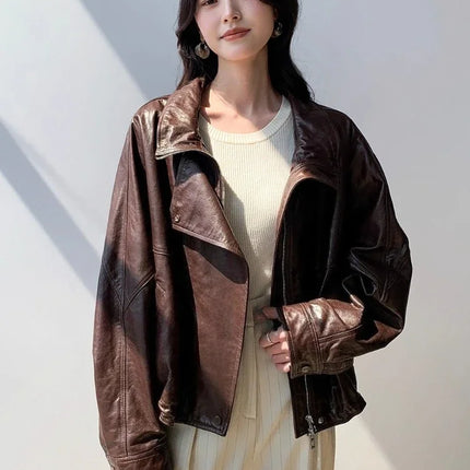 Waxed Sheepskin Genuine Leather Moto Biker Jacket Women Cropped Stand Collar Zip Up Snap Button Loose Casual Autumn Outwear 2026
