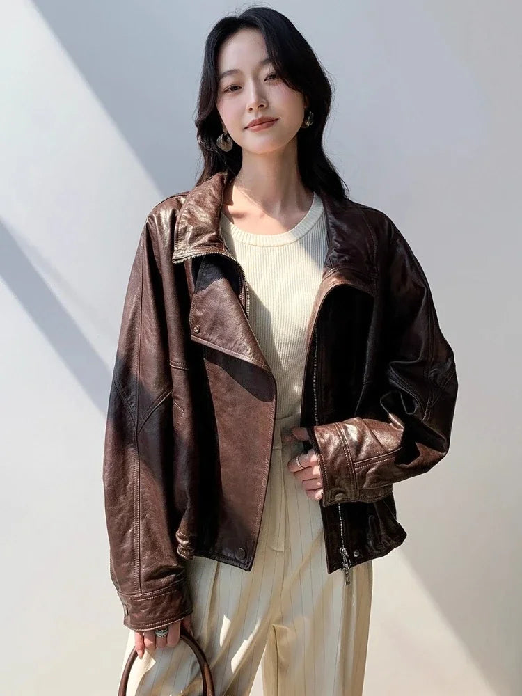 Waxed Sheepskin Genuine Leather Moto Biker Jacket Women Cropped Stand Collar Zip Up Snap Button Loose Casual Autumn Outwear 2026