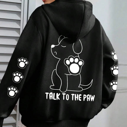 Talk To The Paw Funny Dog Cartoon Print Hoodie Women Warm Fleece Hoody Fashion Casual Hooded Autumn Loose Round Neck Woman Tops