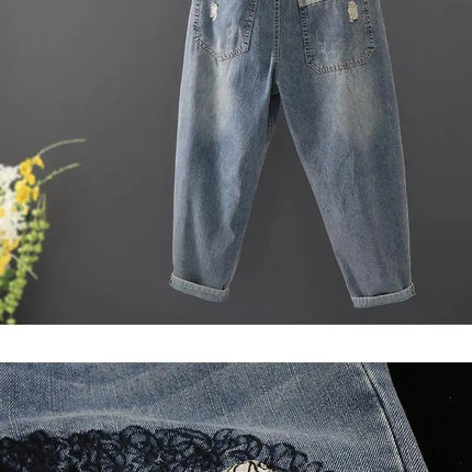 Primavera nuova corea moda Patch disegni cartone animato ricamo Jeans larghi da donna vita elastica pantaloni Casual in Denim di cotone Harem V987