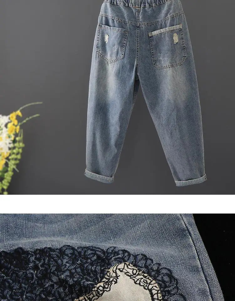 Primavera nuova corea moda Patch disegni cartone animato ricamo Jeans larghi da donna vita elastica pantaloni Casual in Denim di cotone Harem V987