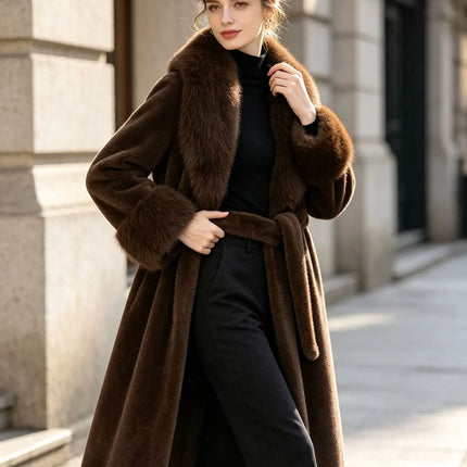 Women's Winter Trench Coat with Large Lapels, Faux Fox Fur Long Coat, Over-the-Knee Jacket