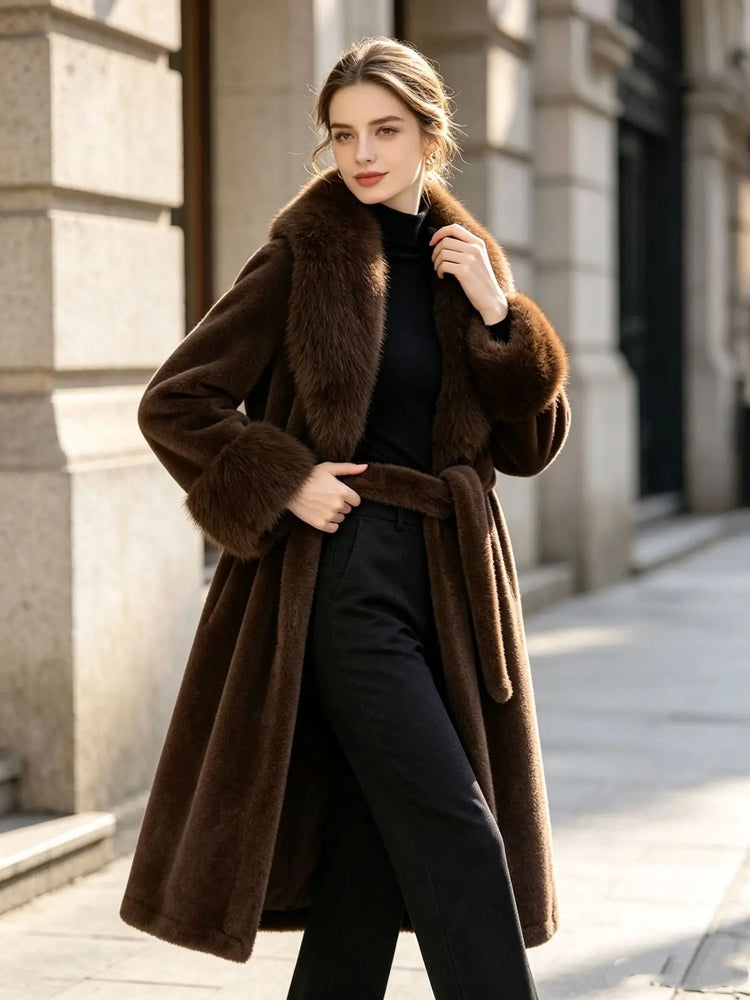Women's Winter Trench Coat with Large Lapels, Faux Fox Fur Long Coat, Over-the-Knee Jacket