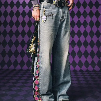 Jeans JoJo Anime con Pannelli Staccabili, Vita Alta, Gamba Larga, Stampa Denim, Viola e Oro, Patchwork, Taglio Dritto, per Uomo e Donna
