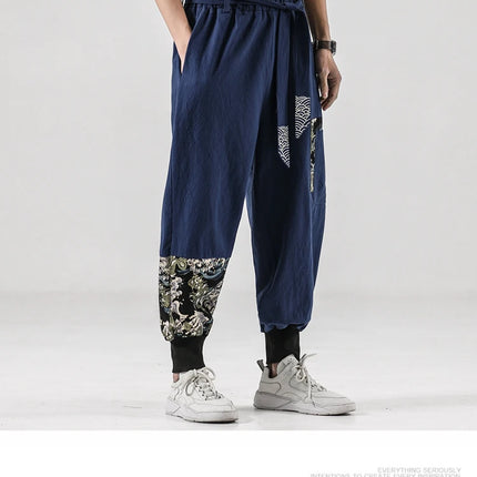 Pantaloni da uomo Costume da samurai giapponese Ukiyo-e Cintura con stampa Pantaloni stile harem da uomo in cotone e lino Pantaloni casual Harajuku da uomo Taglie forti 5XL