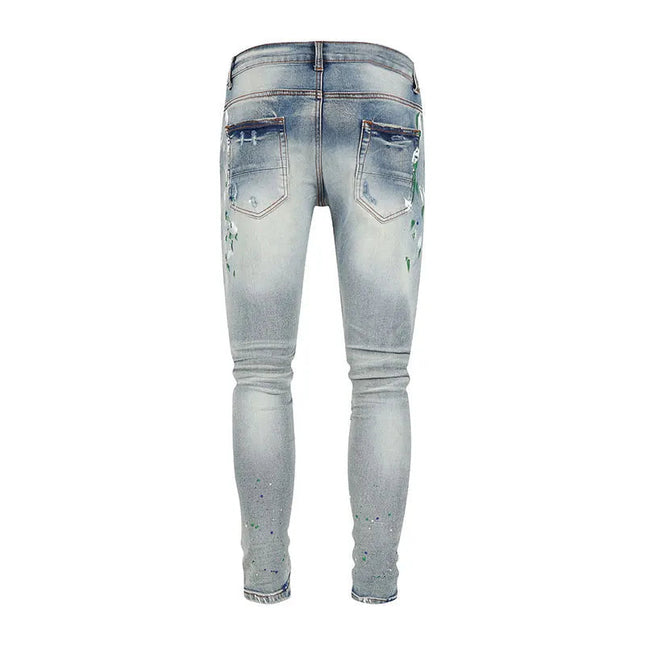 Street Fashion Men Jeans Retro Light Blue Stretch Skinny Fit Patched Ripped Jeans Men Painted Designer Brand Hip Hop Denim Pants PlatiNum