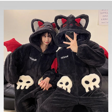DAIMELU hooded male pajamas set men's cartoon winter thickened coral fleece flannel boy one-piece loungewear suit sleepwear